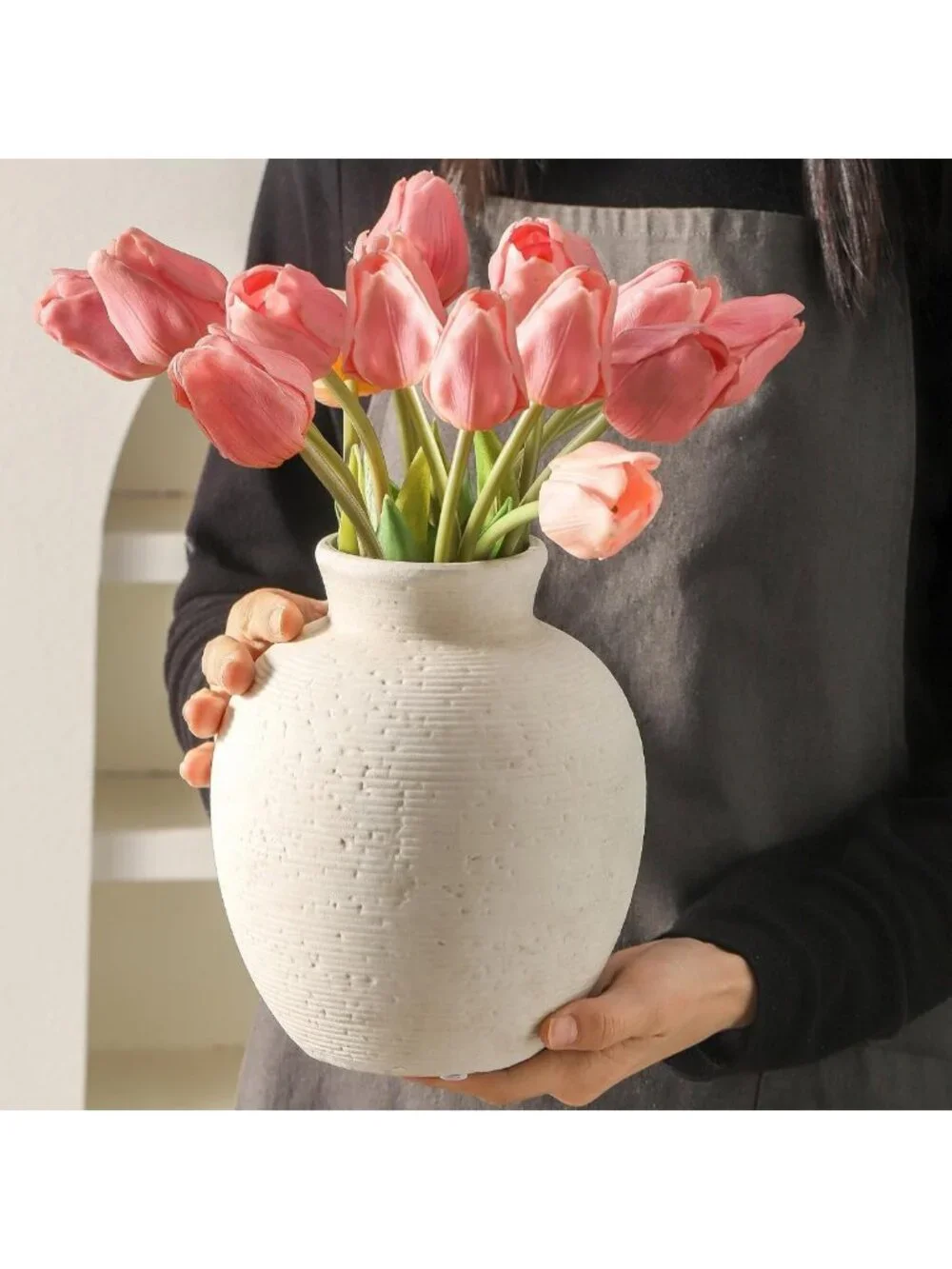 Rustic Ceramic Flower Vase for Home Decor - Vintage Farmhouse Table Centerpiece